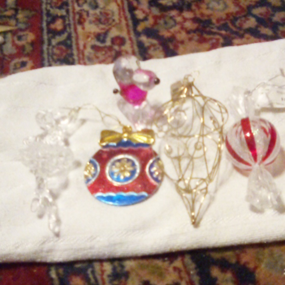 Victorian, Plastic Ballerina, Plastic Dog, Metal Ornament, Glass Candy, 5Pc Set